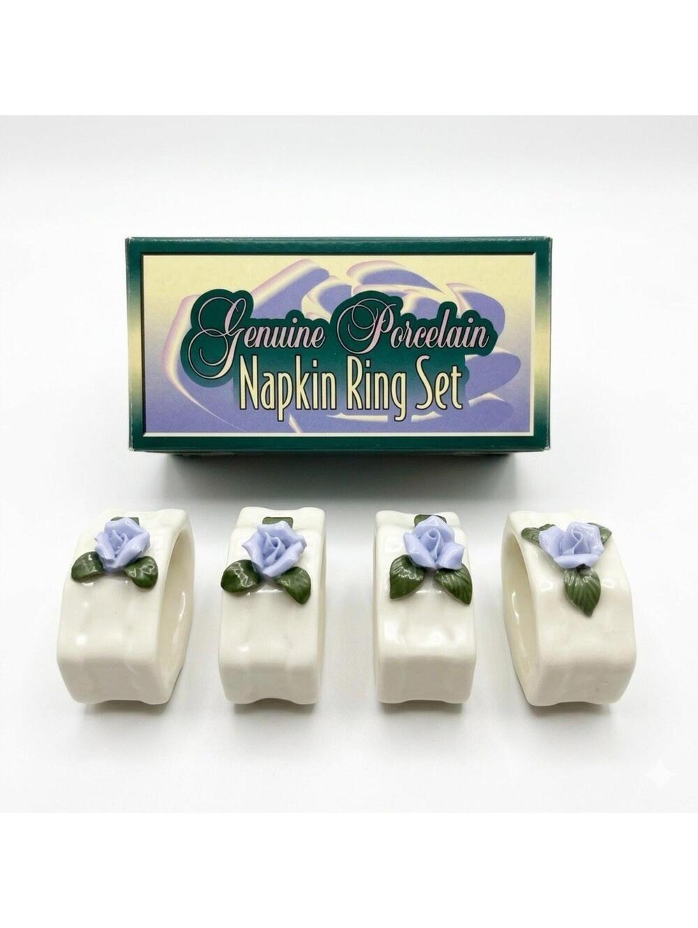Vintage Genuine PORCELAIN Blue Rose NAPKIN RING Set CLOTH Linen Holders FLOWER